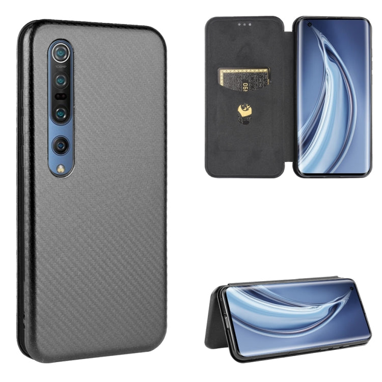 Black flip phone case with carbon-fiber texture, magnetic closure, card slot, stand view