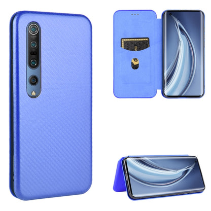 Blue flip phone case with carbon-fiber texture, magnetic closure, card slot, stand view