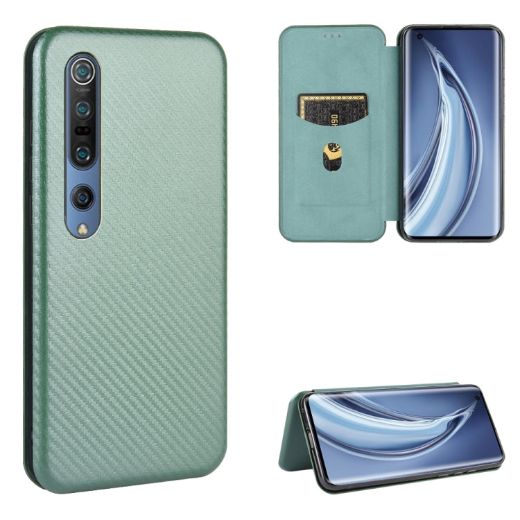 Green flip phone case with carbon-fiber texture, magnetic closure, card slot, stand view