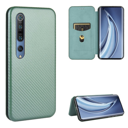 Green flip phone case with carbon-fiber texture, magnetic closure, card slot, stand view
