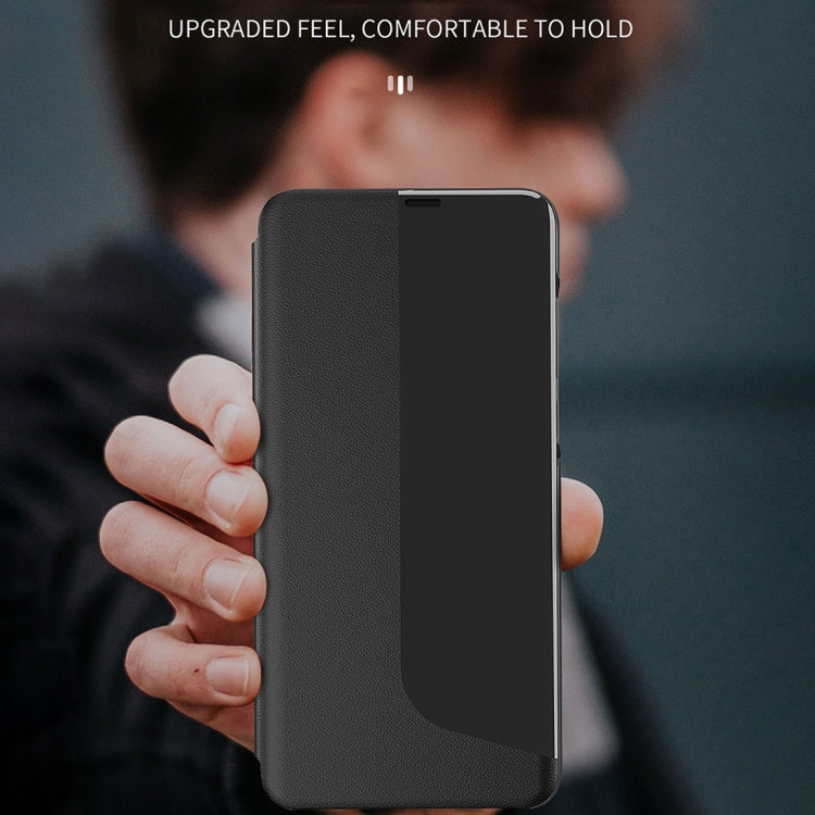 Black leather flip holder phone case with textured finish and front cover view