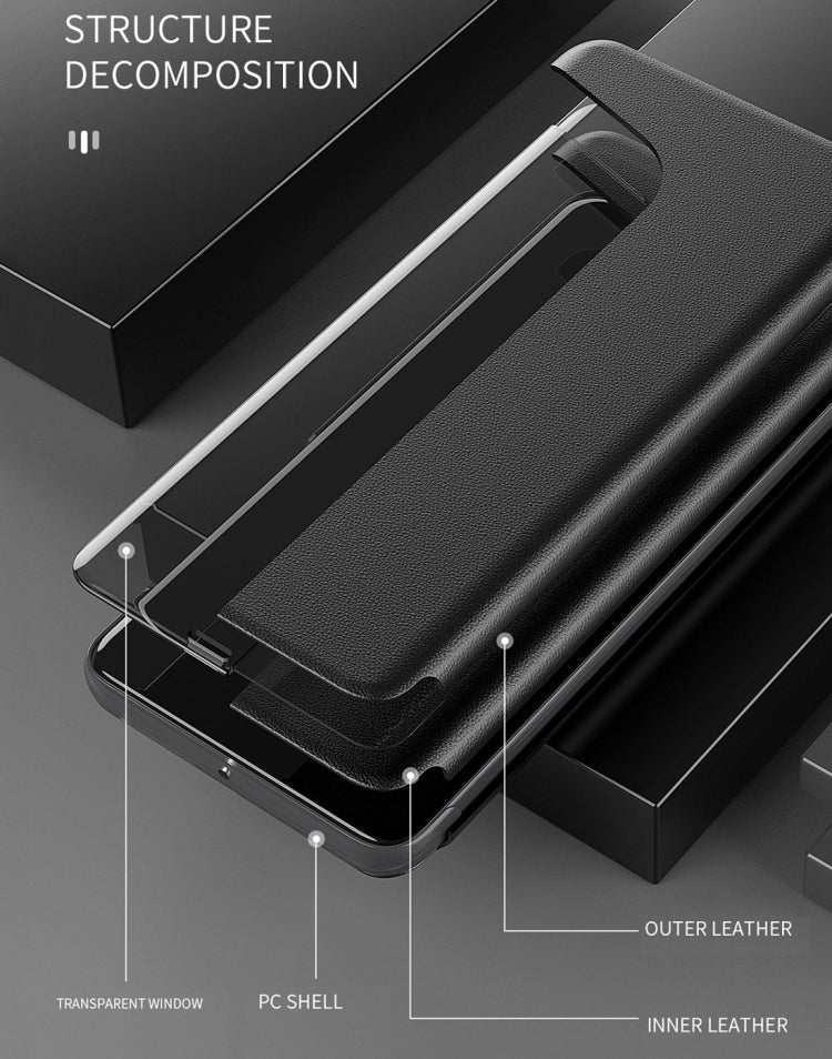 Leather flip phone case with PC shell and inner leather layers shown in diagram