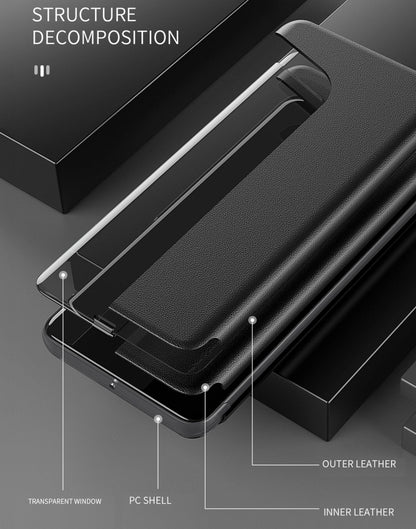 Leather flip phone case with PC shell and inner leather layers shown in diagram