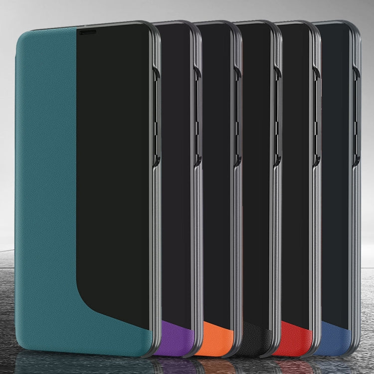 Set of leather flip phone cases in teal, purple, orange, and black colors