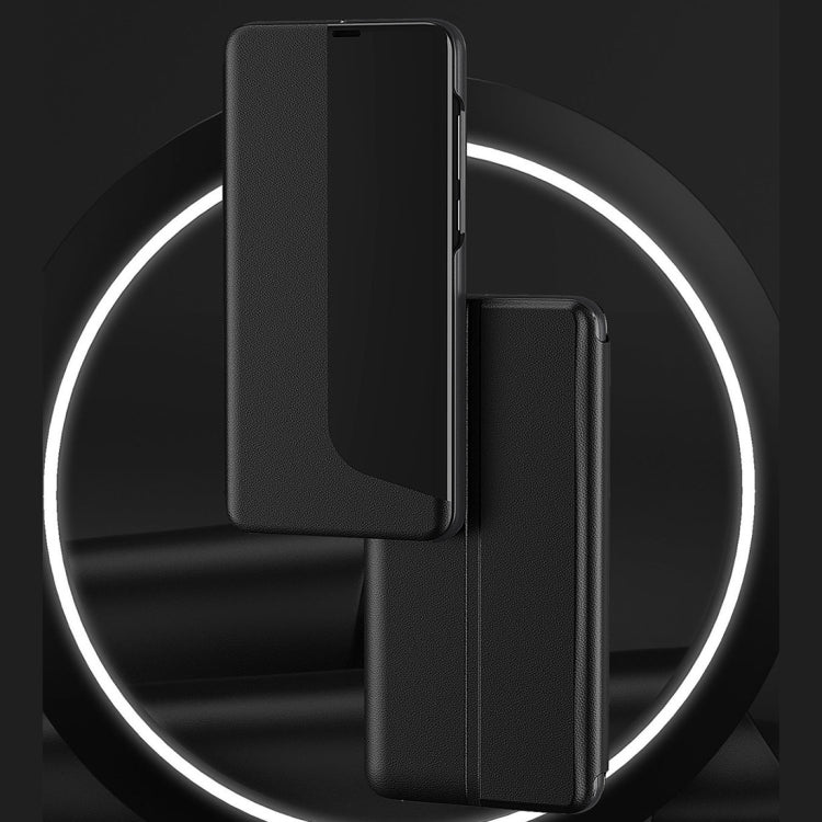 Black flip phone case with holder bracket for portrait viewing