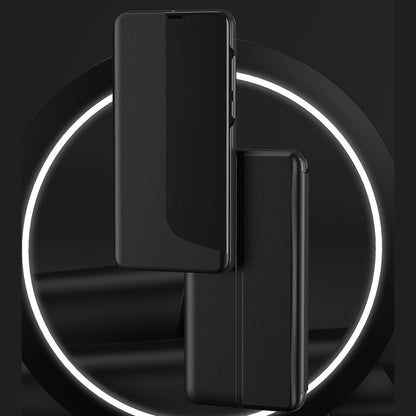 Black flip phone case with holder bracket for portrait viewing