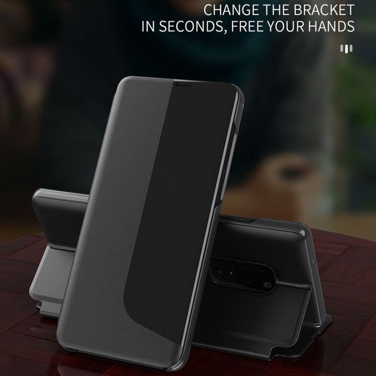 Dark gray flip phone case with adjustable holder bracket for hands-free use