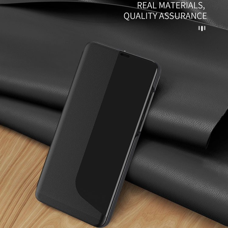 Black leather-style flip phone case with window panel and raised edges
