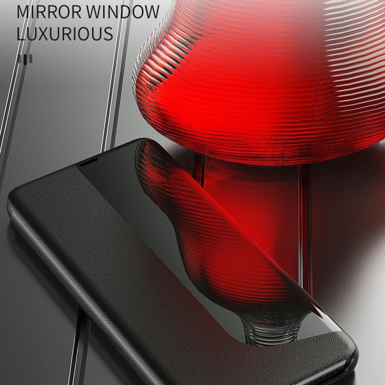 Black flip phone case with textured surface and mirror-window style front panel