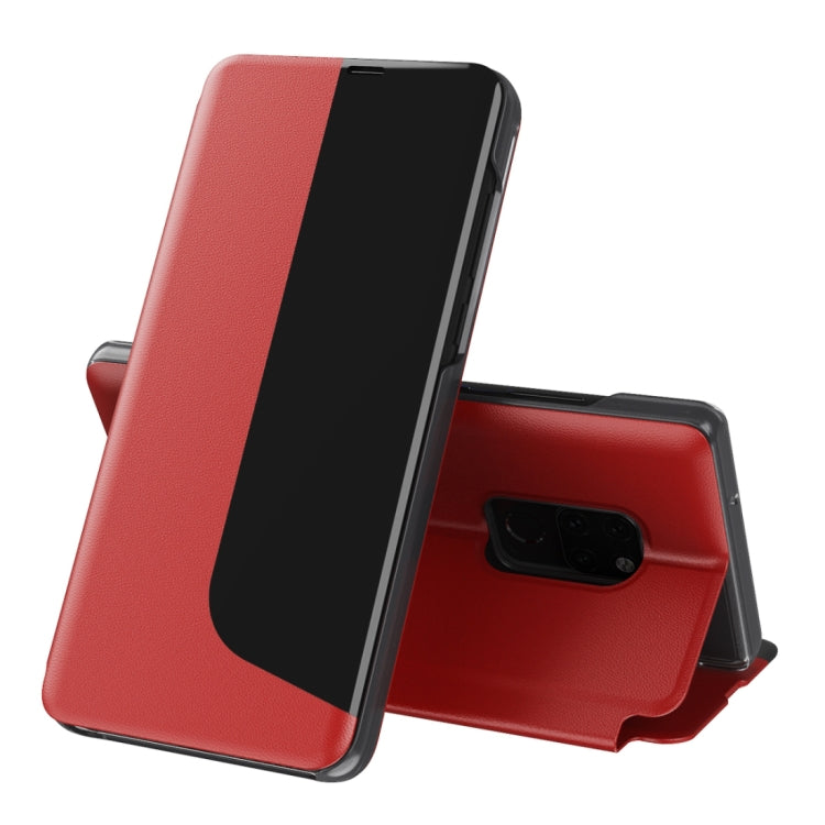 Red leather flip holder phone case with stand folded out for viewing