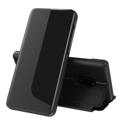 Black leather flip holder phone case with stand folded out for viewing