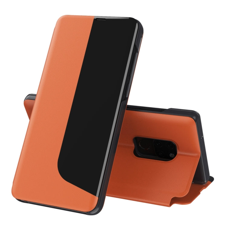 Orange leather flip holder phone case with stand folded out for viewing