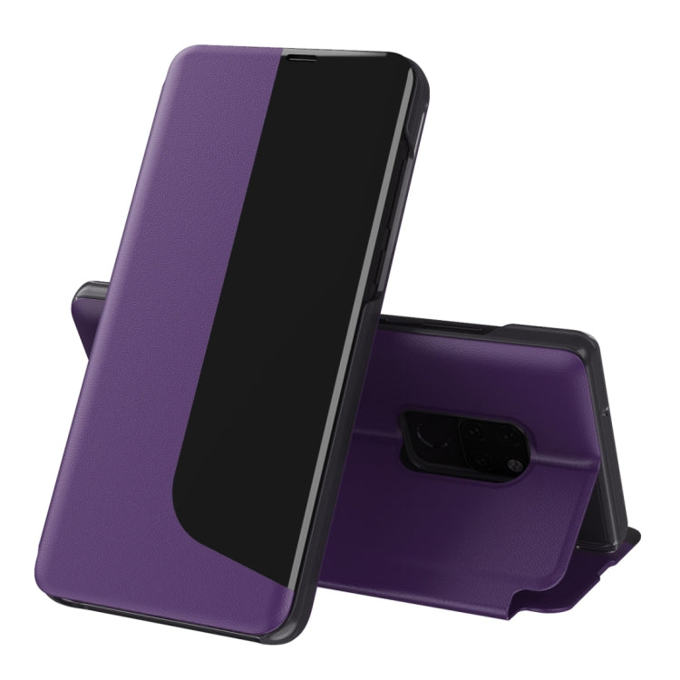 Purple leather flip holder phone case with stand folded out for viewing