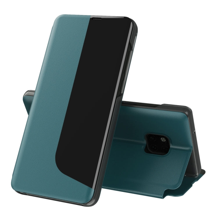 Teal leather flip holder phone case with stand folded out for viewing