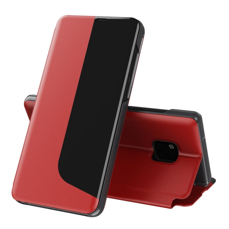 Red leather flip holder phone case with stand folded out for viewing