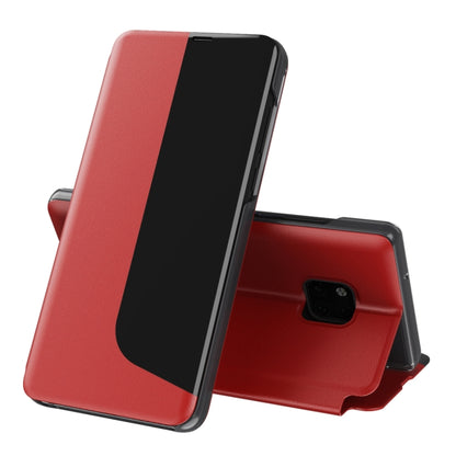 Red leather flip holder phone case with stand folded out for viewing