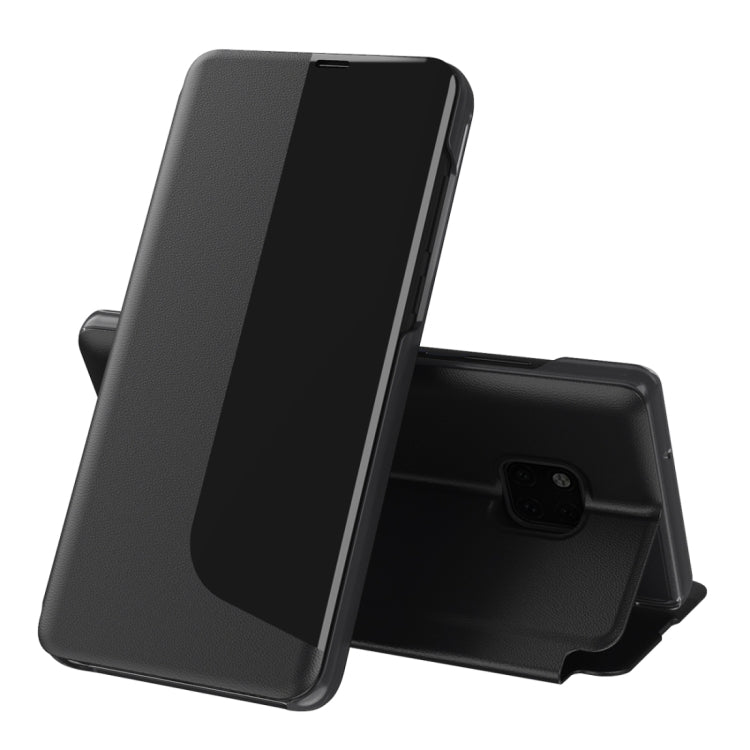 Black leather flip phone case with stand, shown open for Huawei smartphone