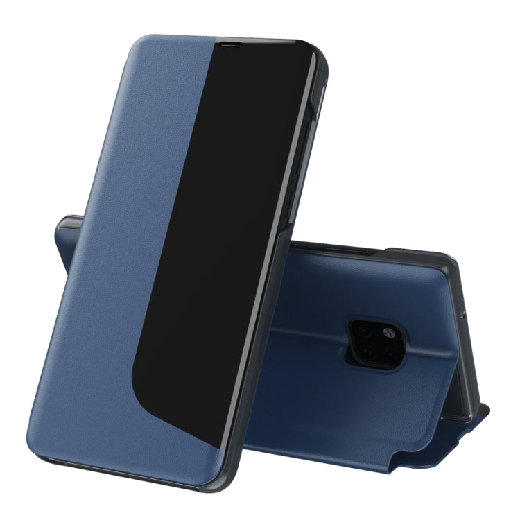 Dark blue leather flip phone case with stand, shown open for Huawei smartphone