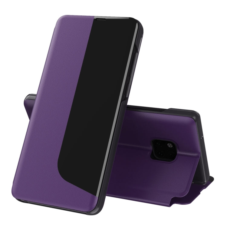 Purple leather flip phone case with stand, shown open for Huawei smartphone