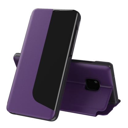 Purple leather flip phone case with stand, shown open for Huawei smartphone