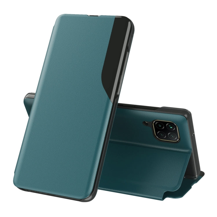Teal leather flip phone case with stand, shown open for Huawei smartphone