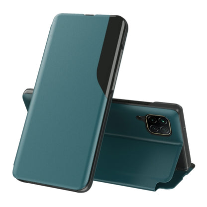 Teal leather flip phone case with stand, shown open for Huawei smartphone