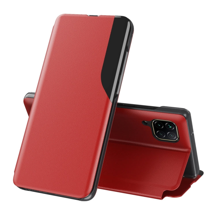 Red leather flip phone case with stand, shown open for Huawei smartphone