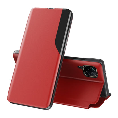 Red leather flip phone case with stand, shown open for Huawei smartphone