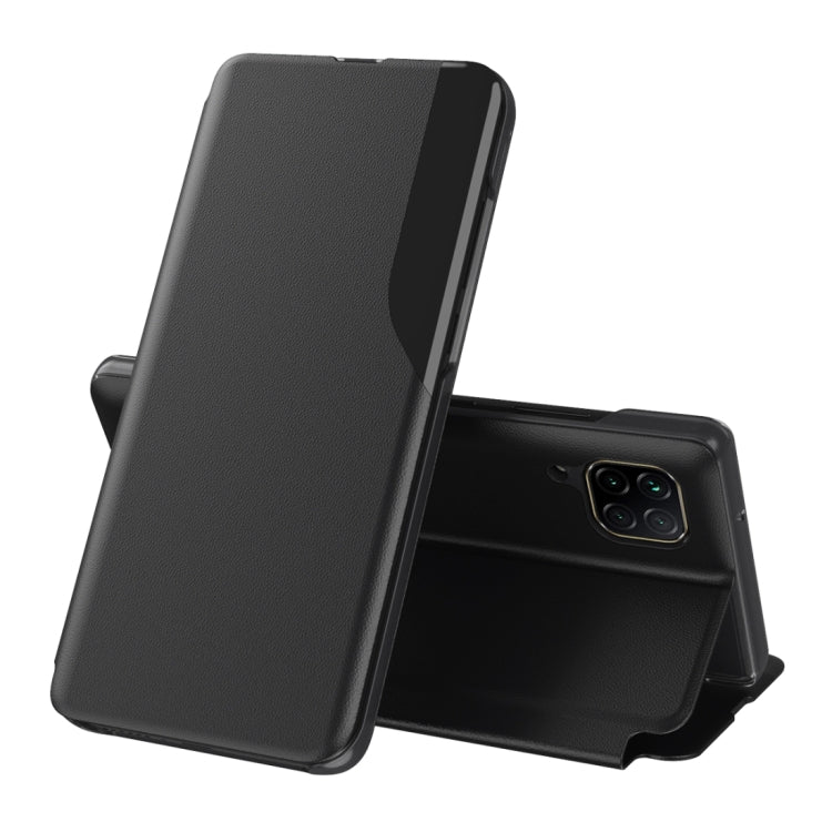 Black leather flip phone case with stand, shown open for Huawei smartphone