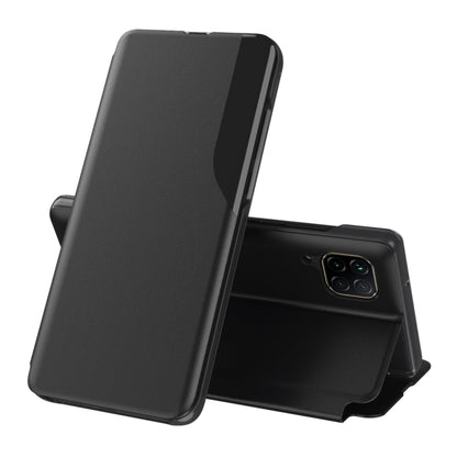 Black leather flip phone case with stand, shown open for Huawei smartphone