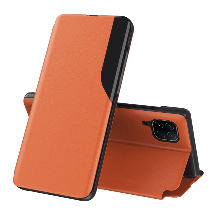 Orange leather flip phone case with stand, shown open for Huawei smartphone