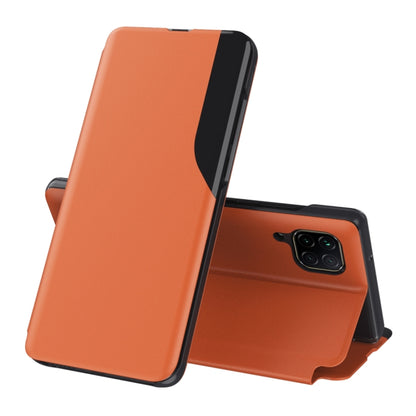 Orange leather flip phone case with stand, shown open for Huawei smartphone