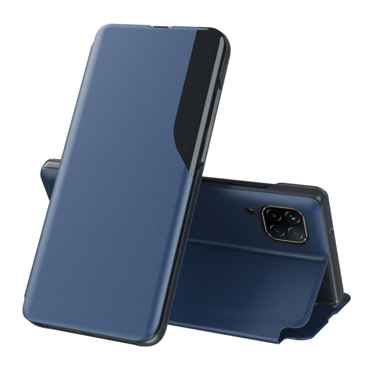 Dark blue leather flip phone case with stand, shown open for Huawei smartphone