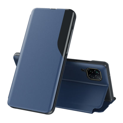 Dark blue leather flip phone case with stand, shown open for Huawei smartphone