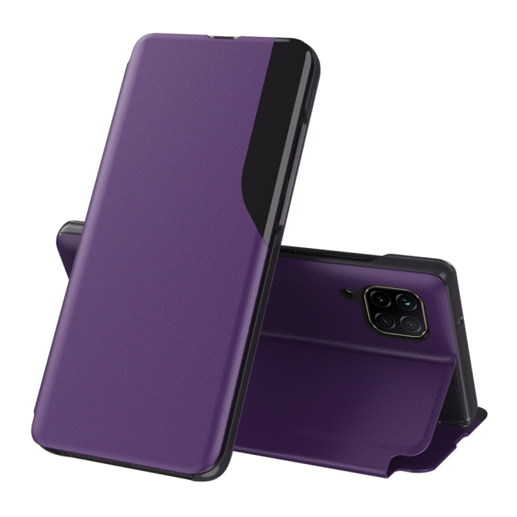 Purple leather flip phone case with stand, shown open for Huawei smartphone