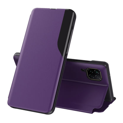 Purple leather flip phone case with stand, shown open for Huawei smartphone
