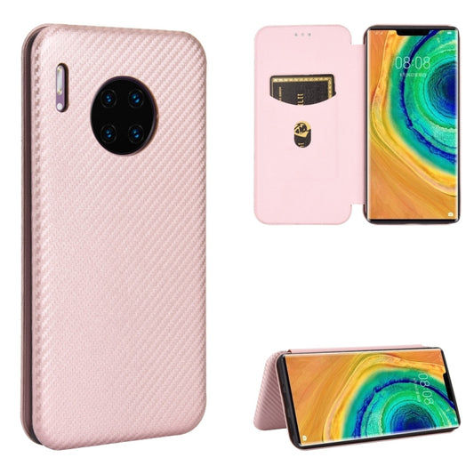Pink carbon fiber texture magnetic flip phone case with card slot, built-in stand