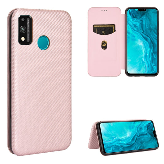 Pink carbon-fiber texture magnetic flip phone case with card slot and stand view
