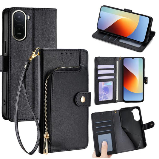 Black leather zipper phone wallet case with detachable wrist strap and card slots