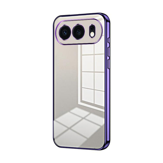 Transparent phone case with purple electroplated frame and fine-hole texture, side buttons visible