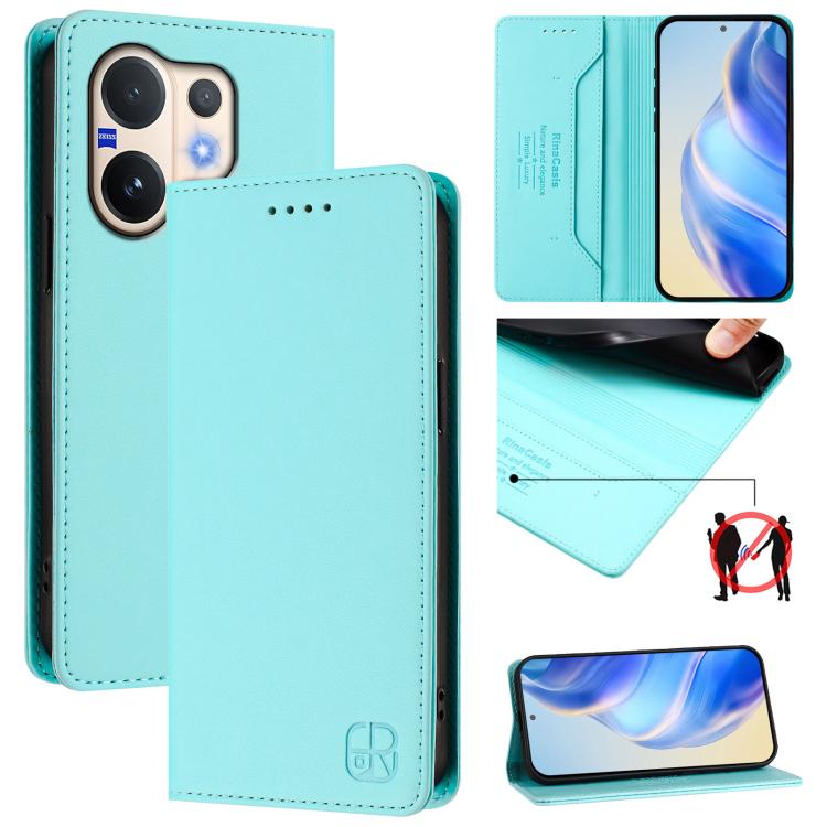 Leather phone case with magnetic suction, dual-fold cover, light cyan blue