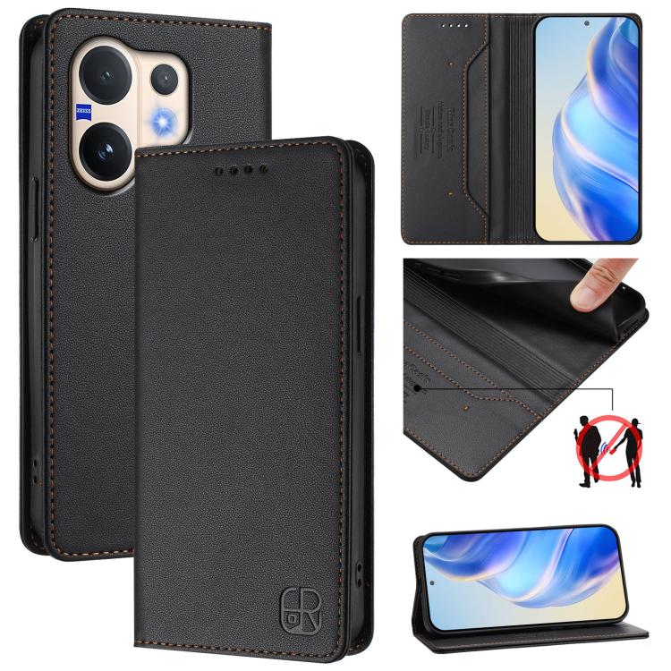 Black leather flip phone case with magnetic closure and card slots, dual-fold design.