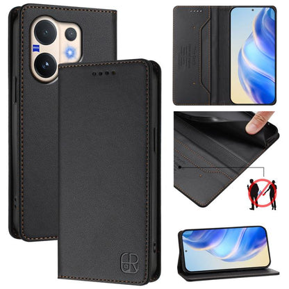 Black leather flip phone case with magnetic closure and card slots, dual-fold design.