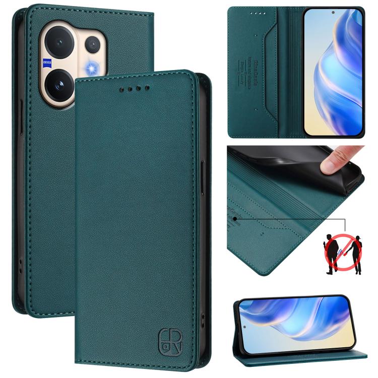 Dark green leather flip phone case with magnetic closure and card slots, dual-fold design.