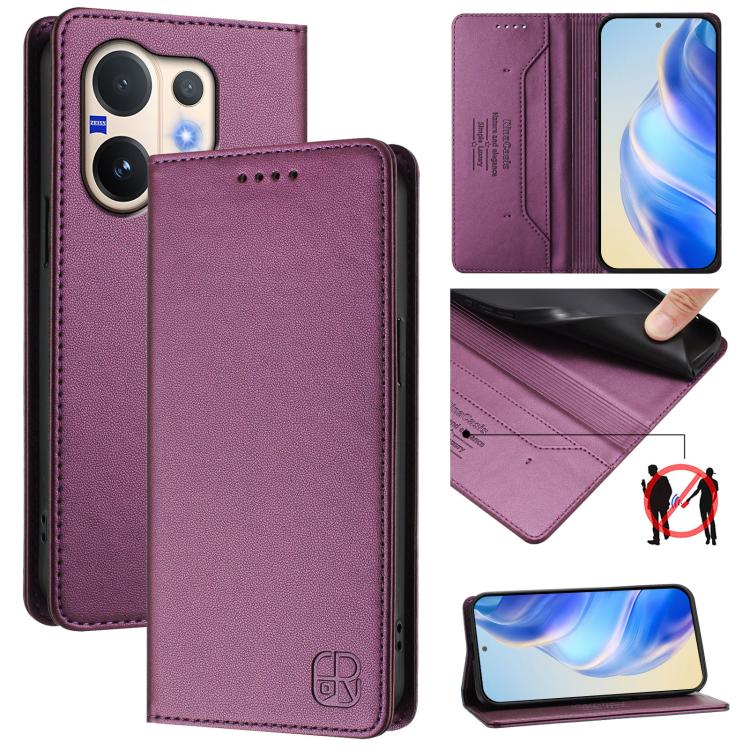 Purple leather flip phone case with magnetic closure and card slots, dual-fold design.