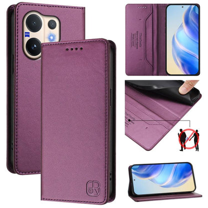 Purple leather flip phone case with magnetic closure and card slots, dual-fold design.