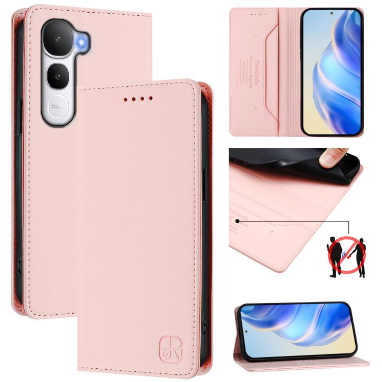 Light pink dual-fold leather phone case with magnetic suction, card slot, camera cutouts, stitched edges