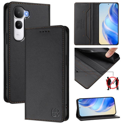 Black dual-fold leather phone case with magnetic suction, card slot, camera cutouts, stitched edges