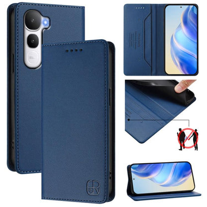 Dark blue dual-fold leather phone case with magnetic suction, card slot, camera cutouts, stitched edges