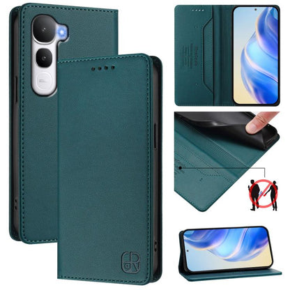 Deep teal dual-fold leather phone case with magnetic suction, card slot, camera cutouts, stitched edges
